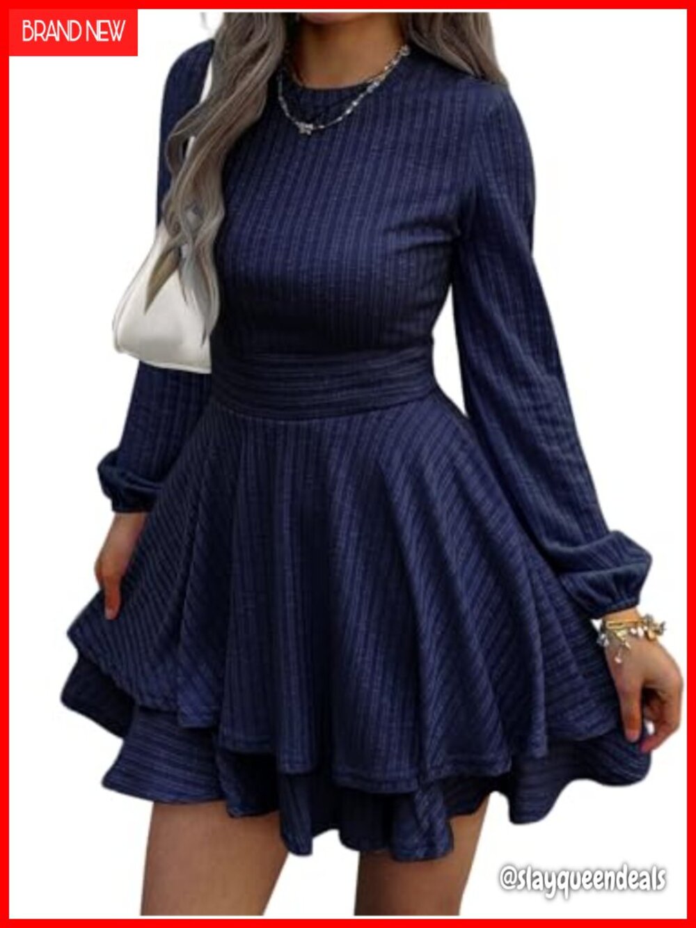 Women Long Sleeve Knit Sweater Dress A-Line Mini Lantern Sleeve Flare